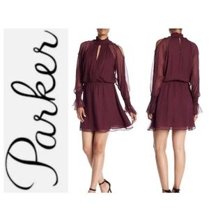 Parker Shelli Shirred Silk Dress in Wine Burgundy High Neck Size Medium